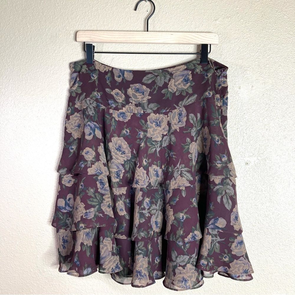 Vintage American Living Ruffle Layered Skirt Sz 10 Burgundy Floral Chiffon Y2K